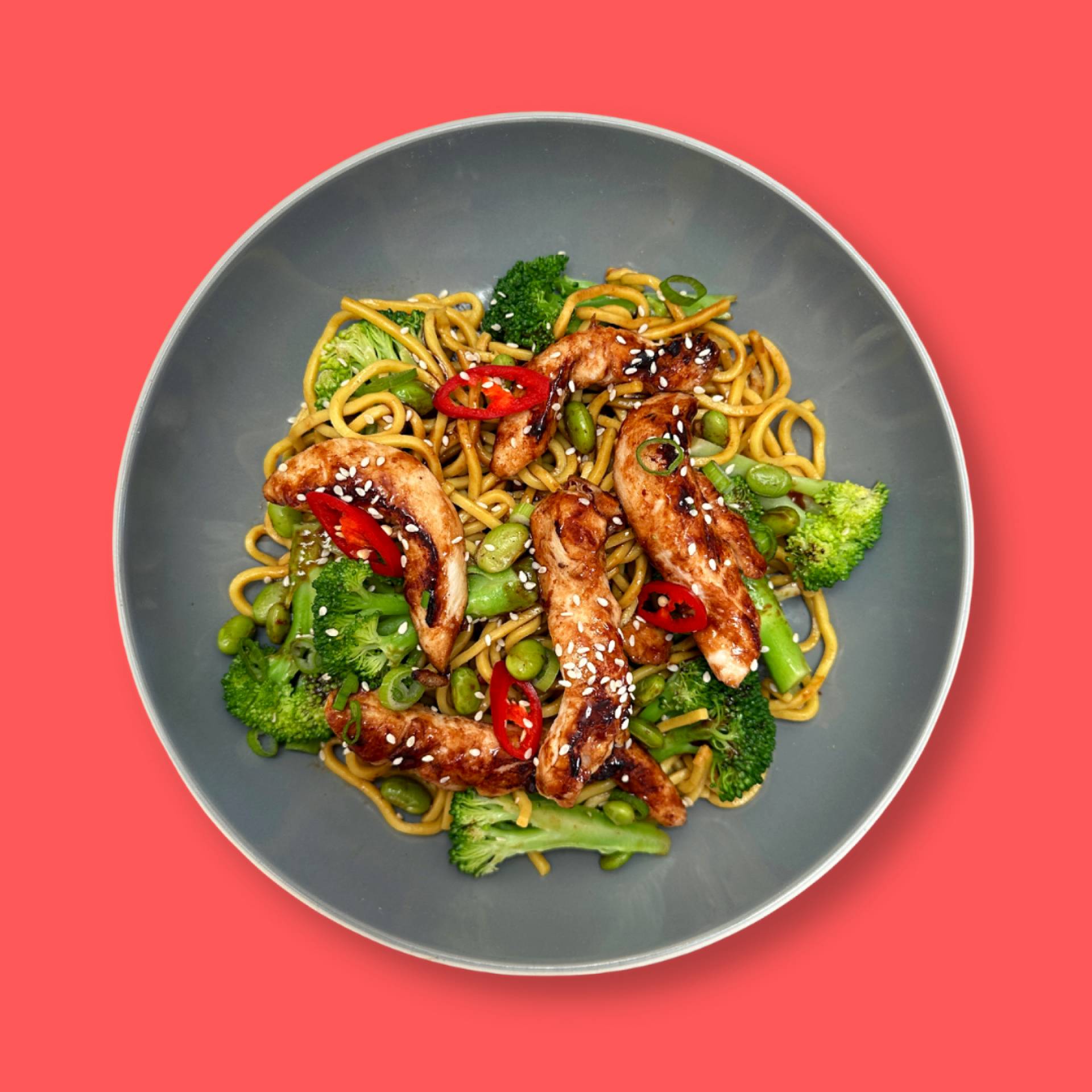 TERIYAKI CHICKEN, EGG NOODLES, RED PEPPER, BROCCOLI