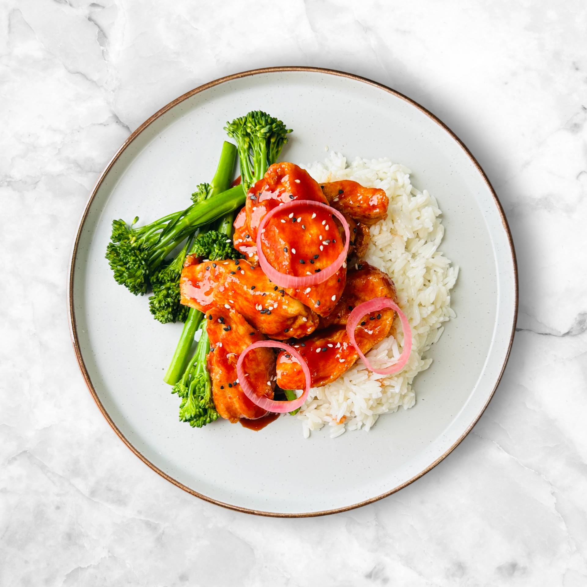 STICKY KOREAN CHICKEN, RICE AND SESAME ROASTED BROCCOLI