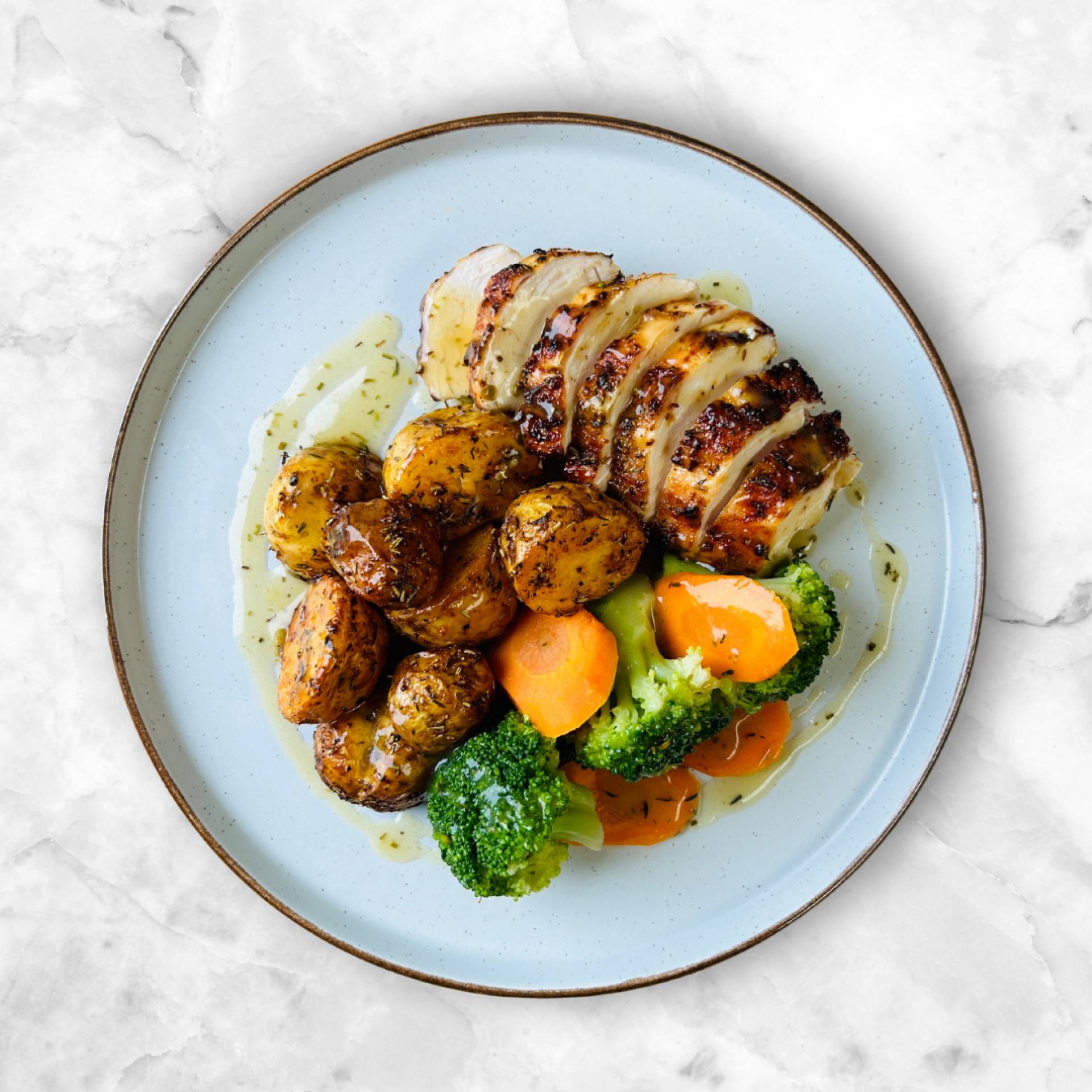 HONEY MUSTARD ROAST CHICKEN, ROAST POTATOES, VEG AND GRAVY