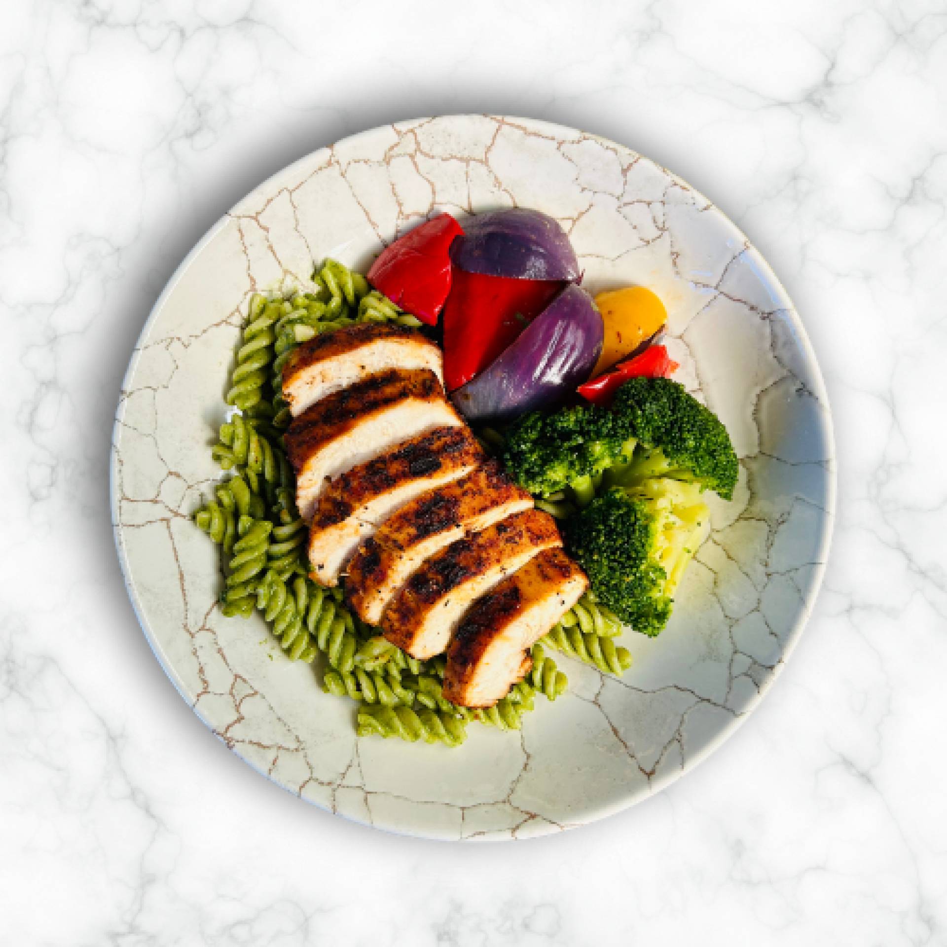 CAJUN CHICKEN, PESTO PASTA, MED VEG, BROCCOLI